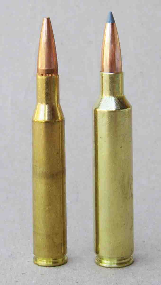 The .270 Winchester (left) dates back to 1923 and remains the most popular cartridge for .277-inch bullets. The .27 Nosler (right) is the fastest, most powerful, regular production cartridge in this caliber.